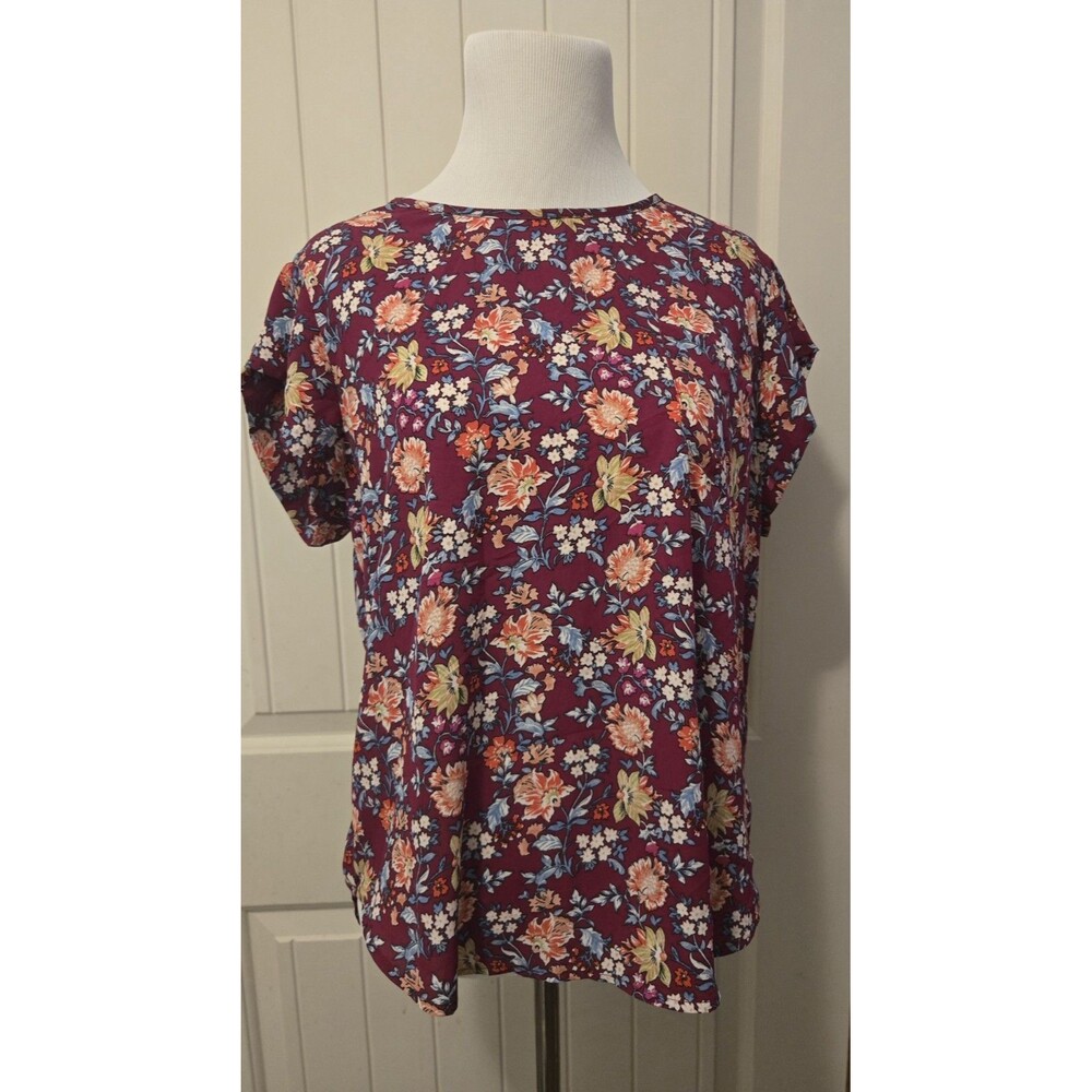 Lily White Burgundy Floral Cap Sleeve Blouse Top Size L